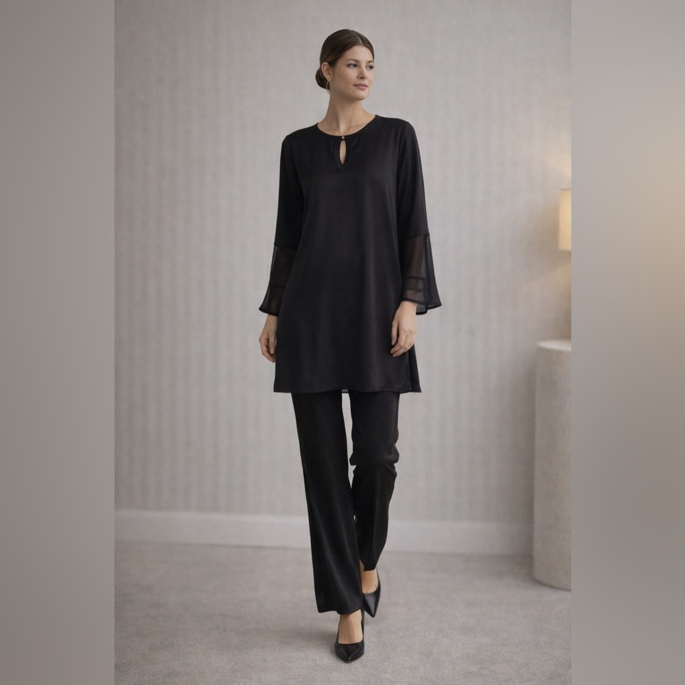 NWT Calypso St. Barth Black Silk V-Neck‎ Blouse Long Sleeve Sheer Trim Size S